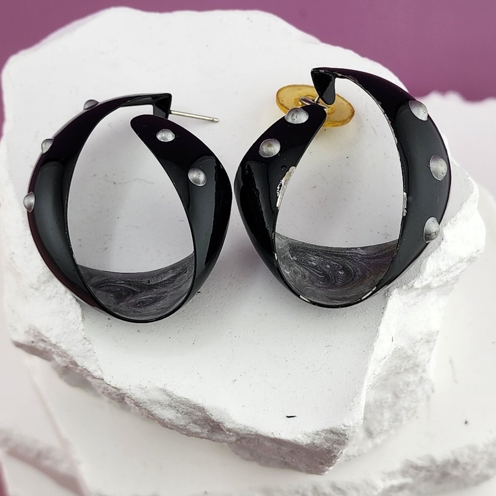 Black Enamel Silver Tone Studded Hoop Earrings Chunky Geometric Statement Retro